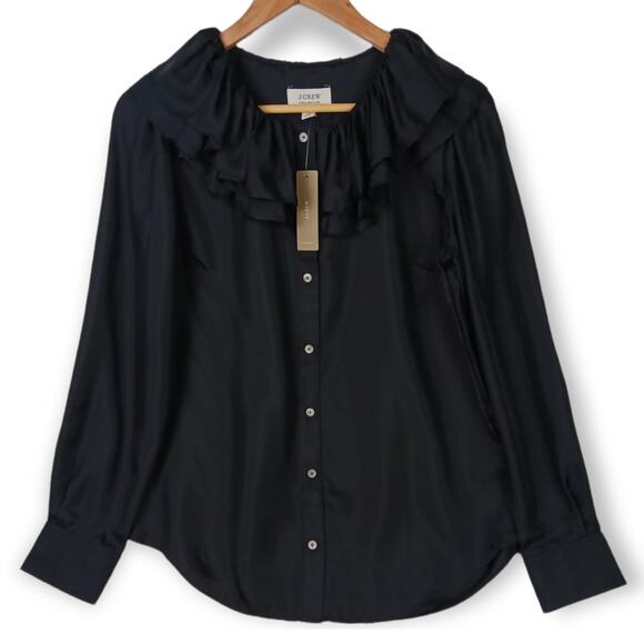 J.Crew Collection SZ XS Black Silk Twill Ruffle-Collar Top NWT - Picture 2 of 8